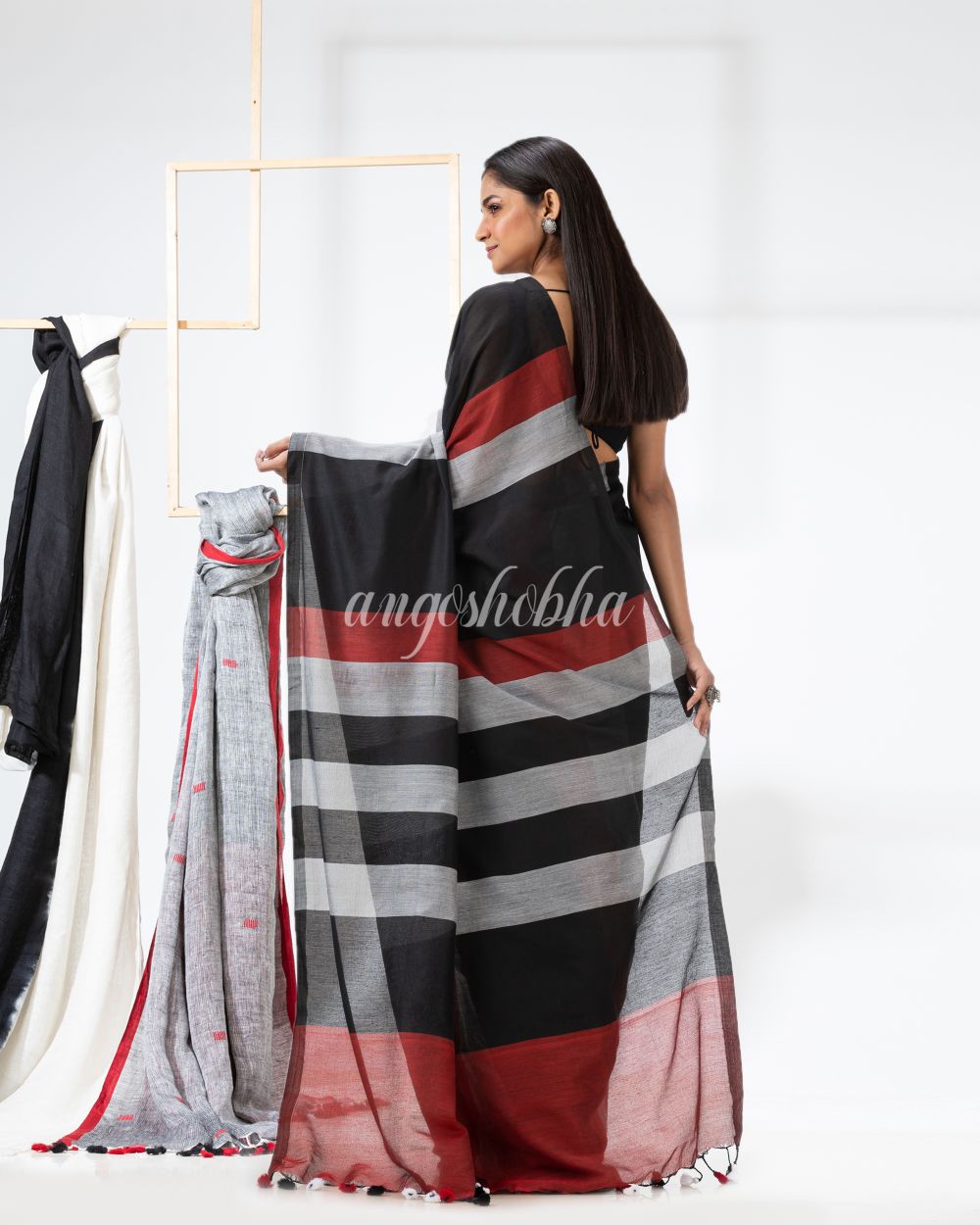 Black Maroon Silver handloom bengal cotton saree angoshobha