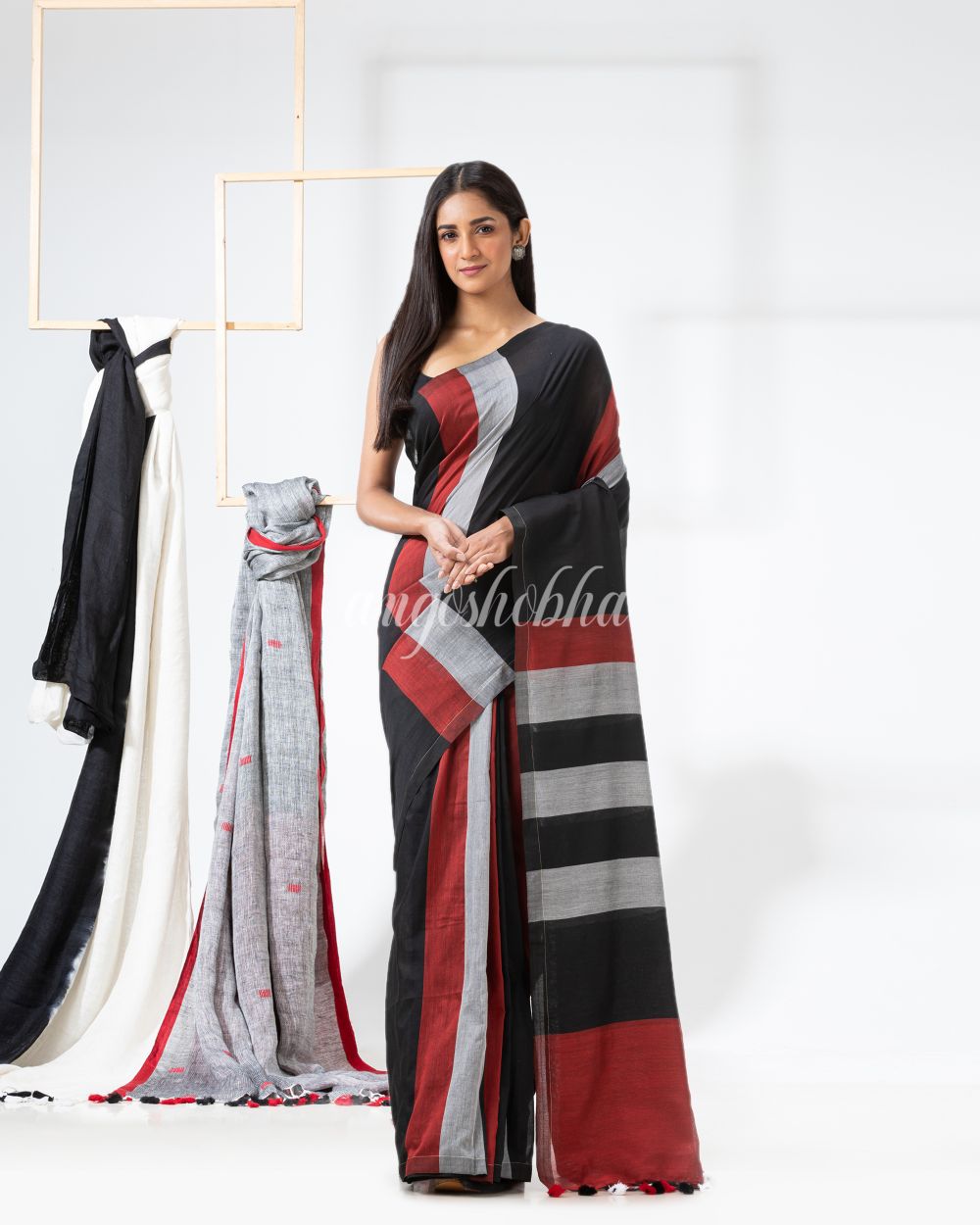 Black Maroon Silver handloom bengal cotton saree angoshobha