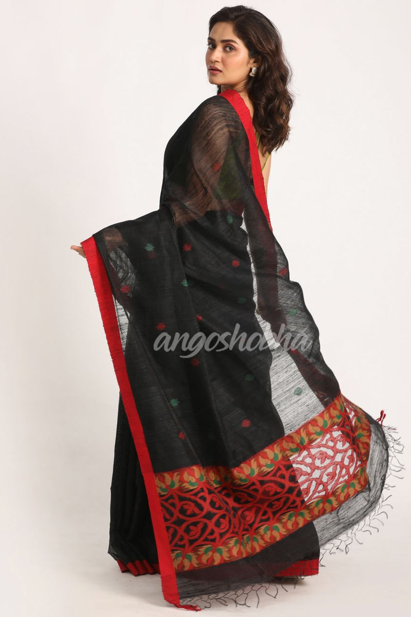Black Matka Silk Handloom Traditional Jamdani Saree