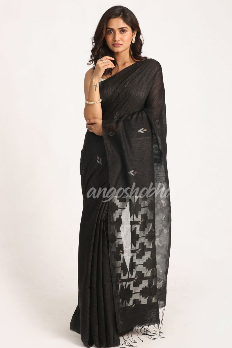Black Matka Silk Handloom Traditional Jamdani Saree