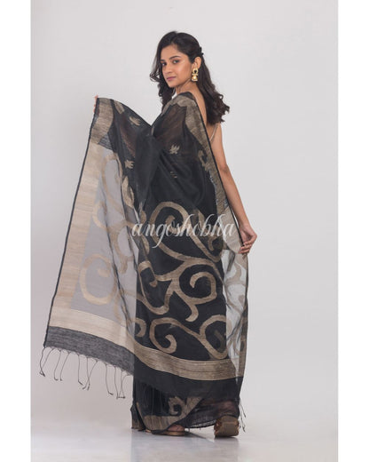 Black Matka Silk Jamdani Saree angoshobha