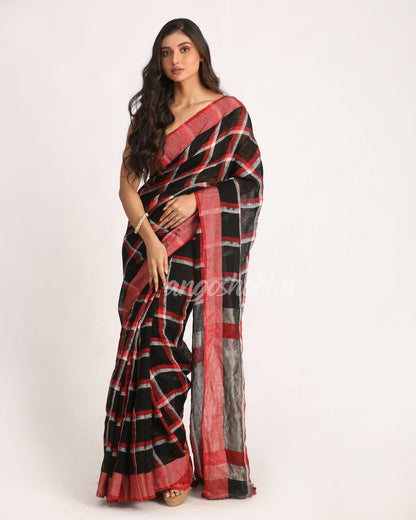 Black Red Traditional Check Linen Handloom Saree angoshobha