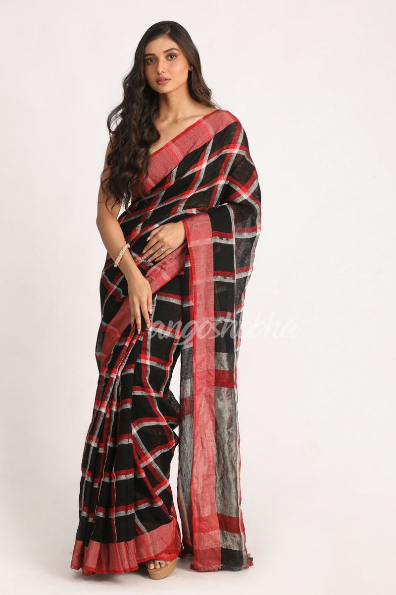 Black Red Traditional Check Linen Handloom Saree