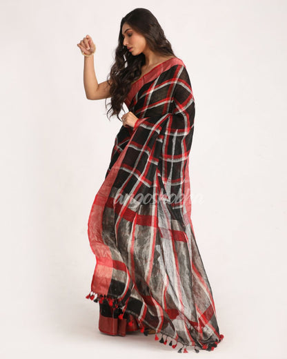 Black Red Traditional Check Linen Handloom Saree angoshobha