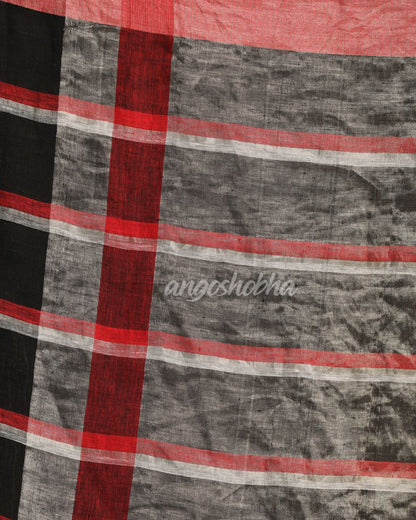 Black Red Traditional Check Linen Handloom Saree angoshobha