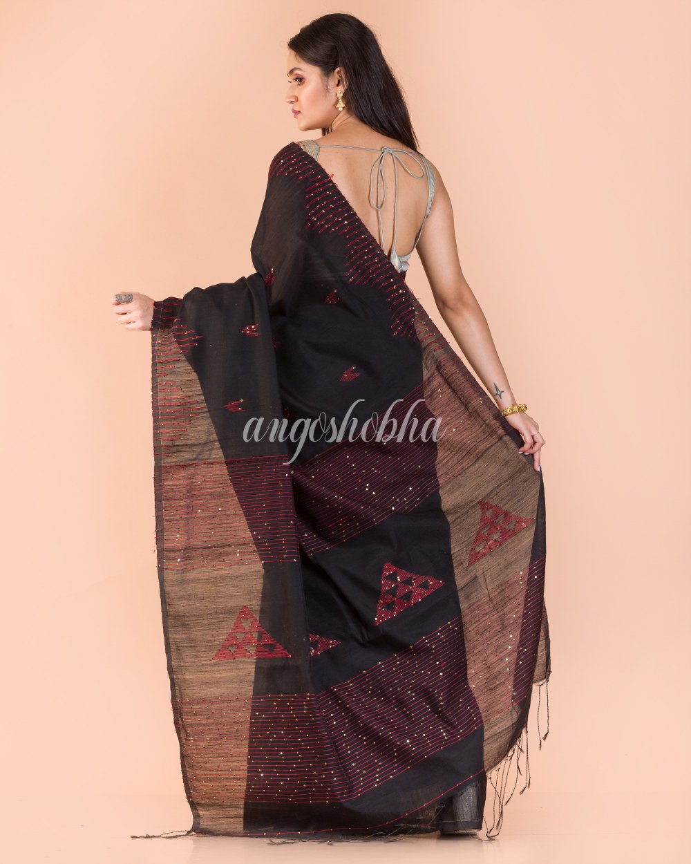 Black  Sequins Handwoven Blended CottonSaree angoshobha