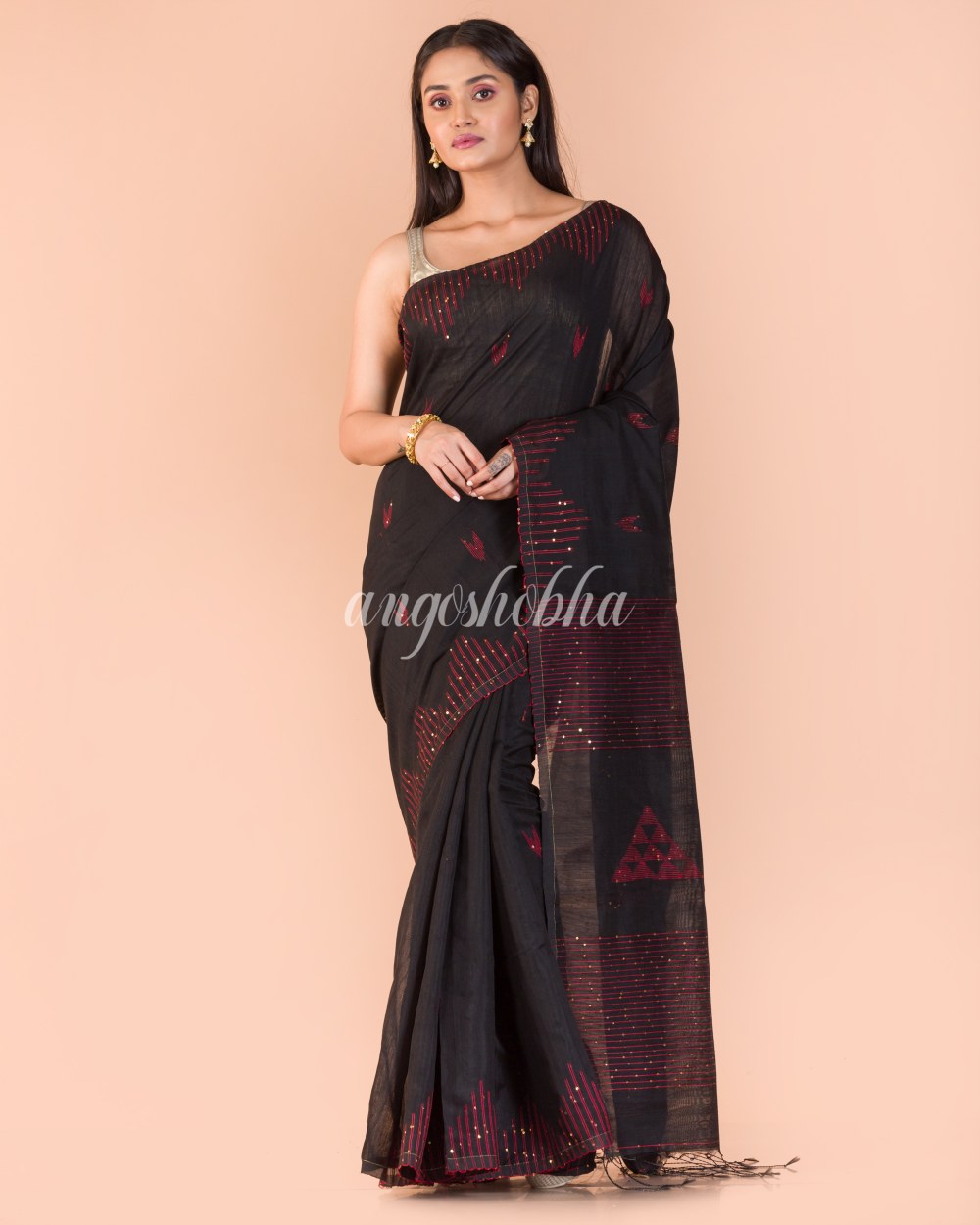 Black  Sequins Handwoven Blended CottonSaree angoshobha