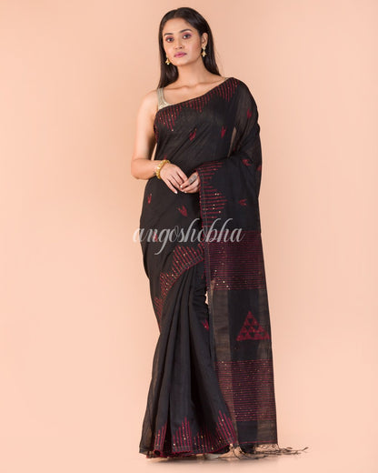 Black  Sequins Handwoven Blended CottonSaree angoshobha