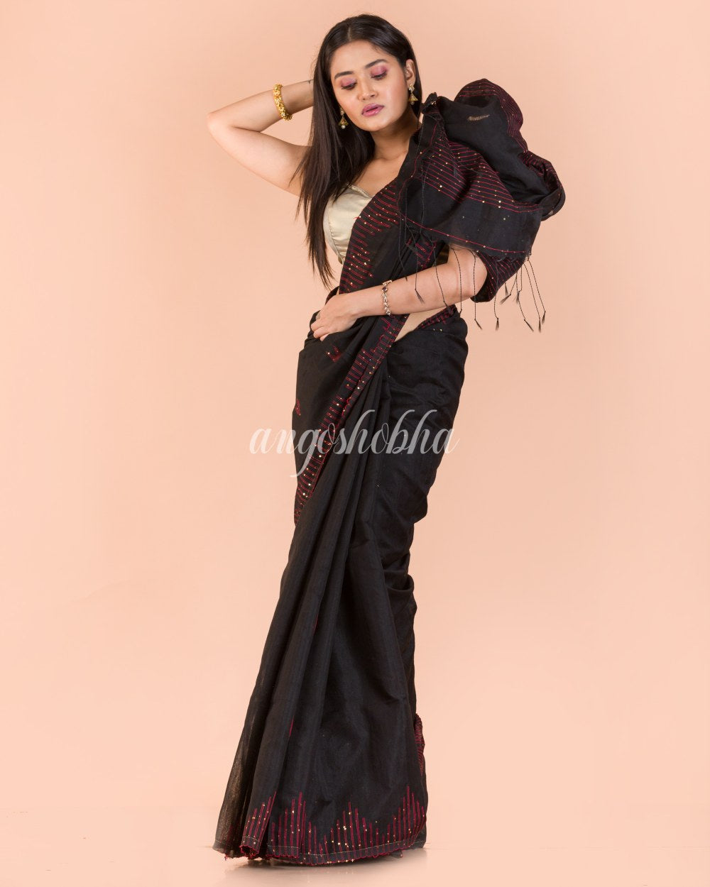 Black  Sequins Handwoven Blended CottonSaree angoshobha