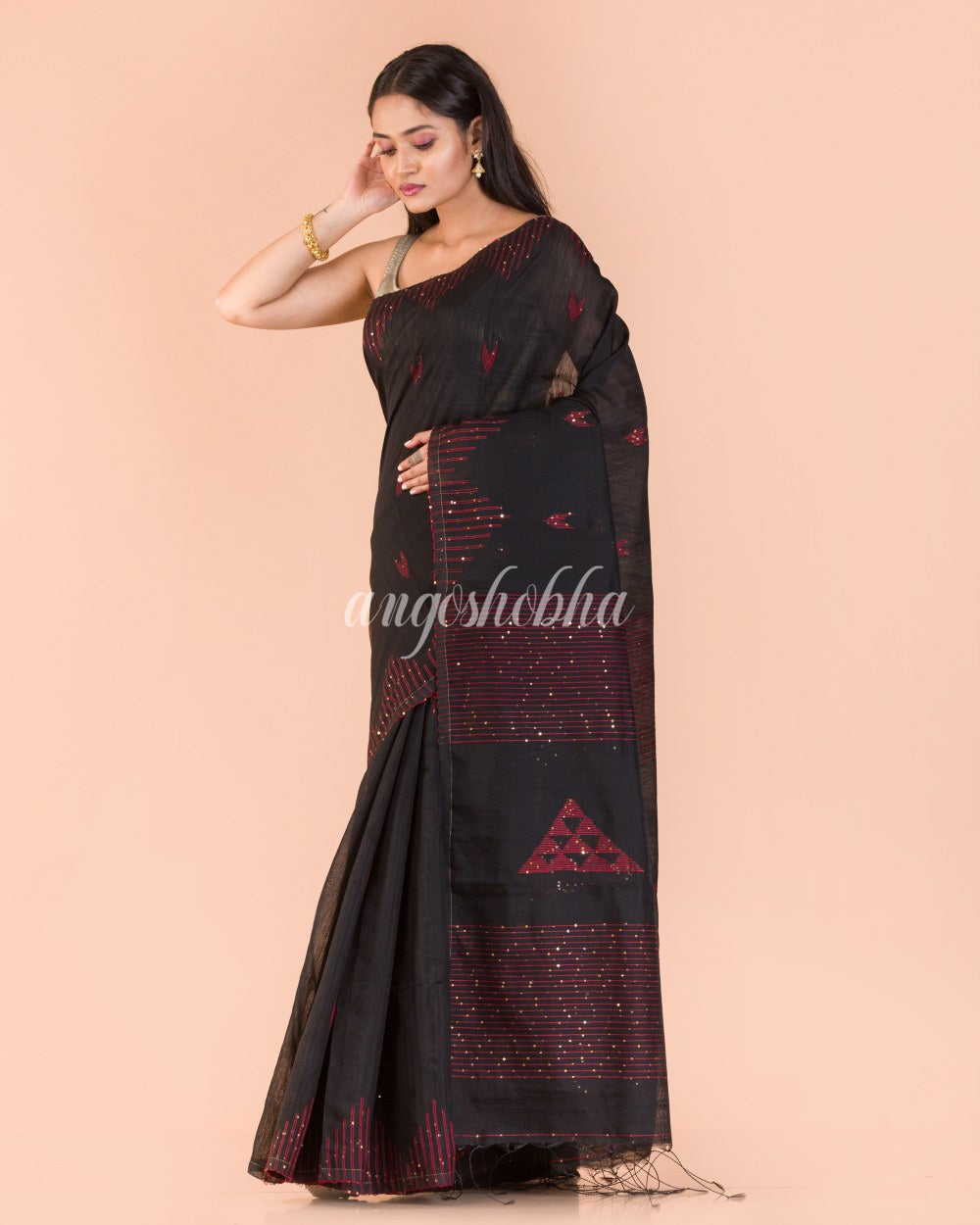 Black  Sequins Handwoven Blended CottonSaree angoshobha