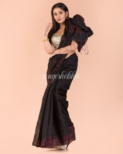 Black  Sequins Handwoven Blended CottonSaree angoshobha