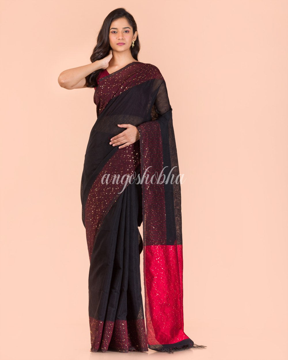 Black Sequins Handwoven Silk Saree angoshobha