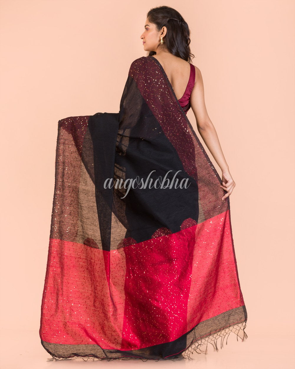 Black Sequins Handwoven Silk Saree angoshobha