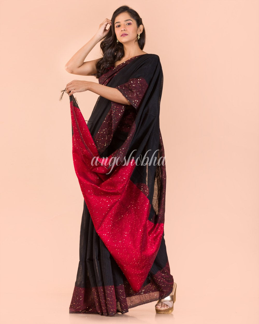 Black Sequins Handwoven Silk Saree angoshobha