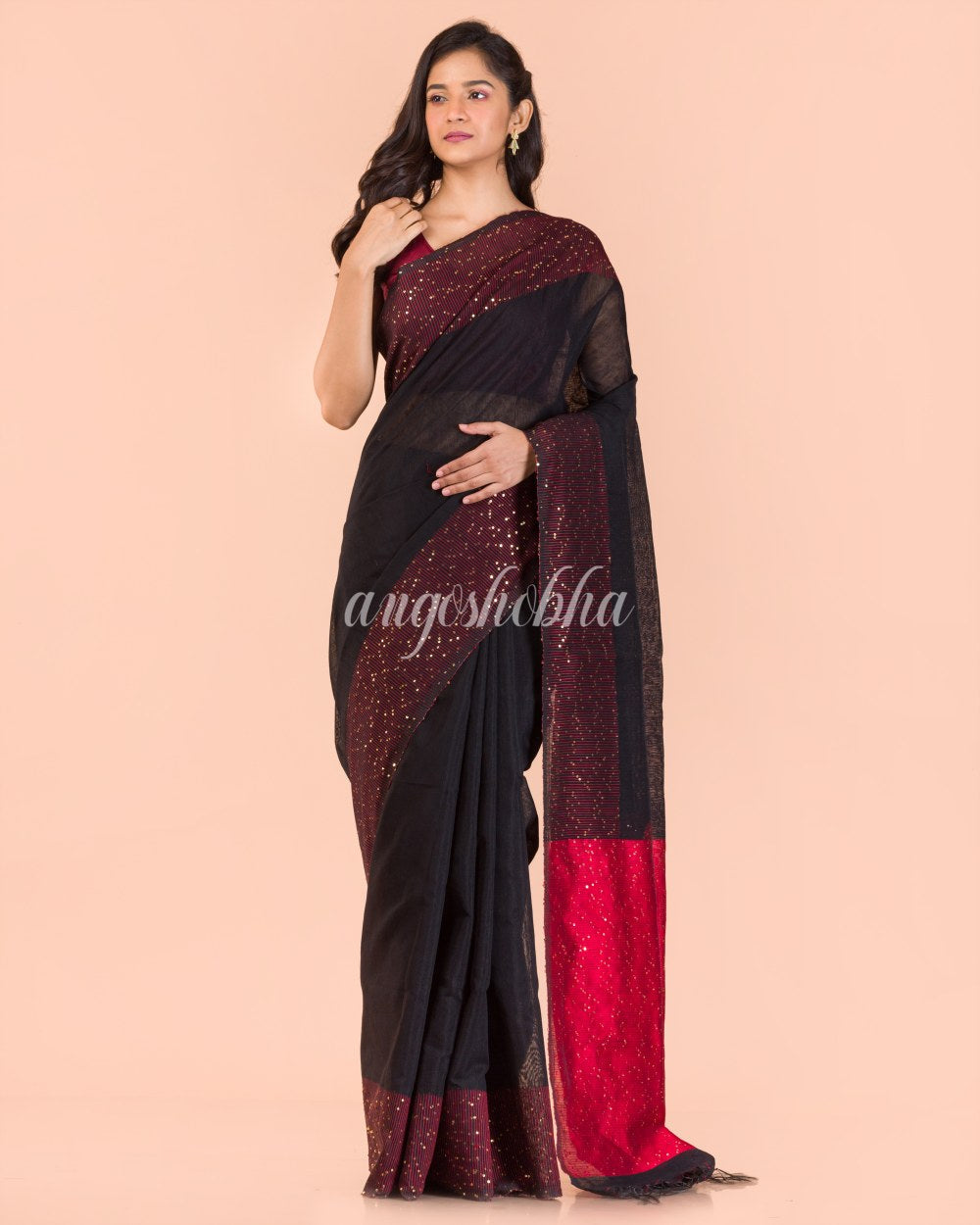 Black Sequins Handwoven Silk Saree angoshobha