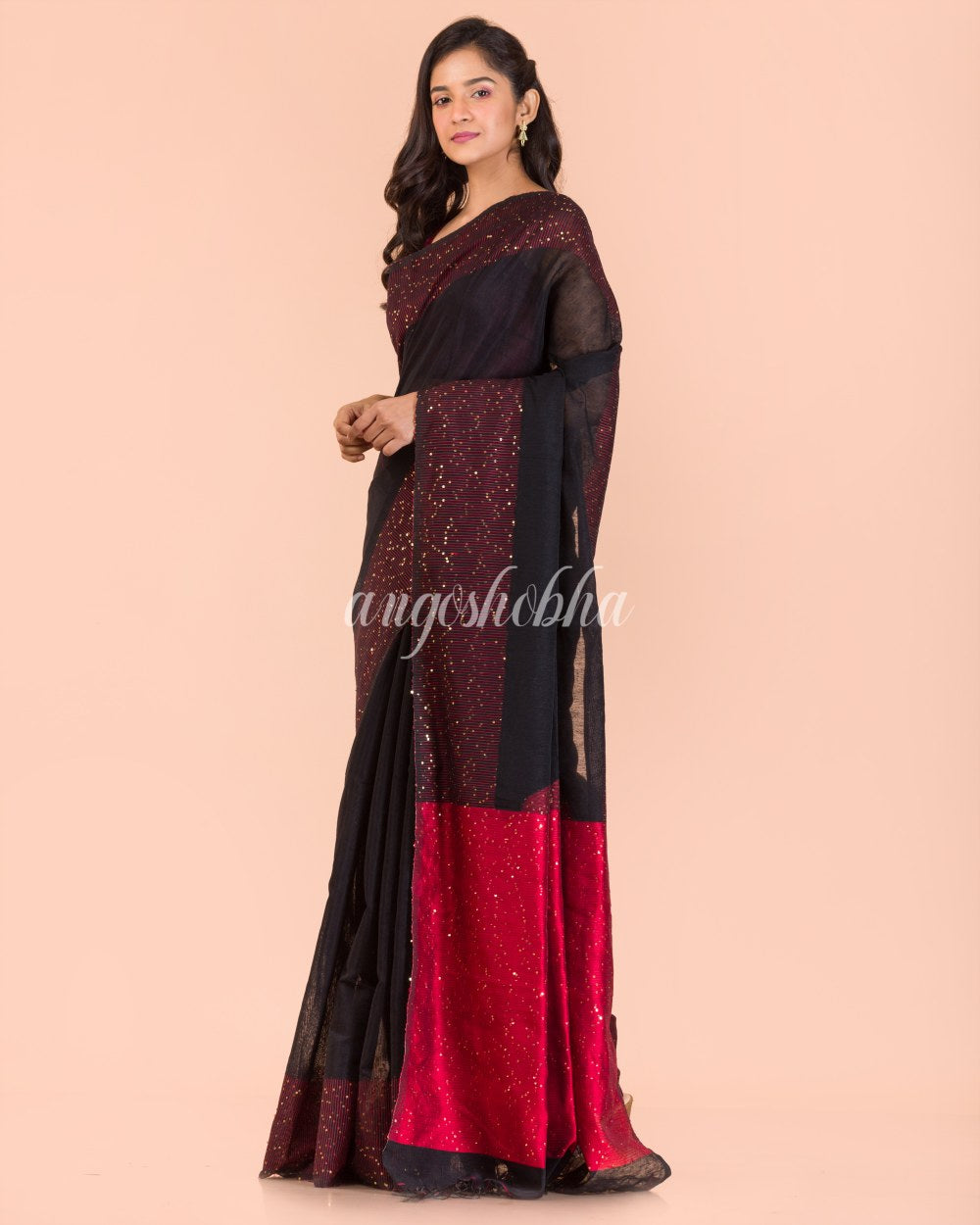 Black Sequins Handwoven Silk Saree angoshobha