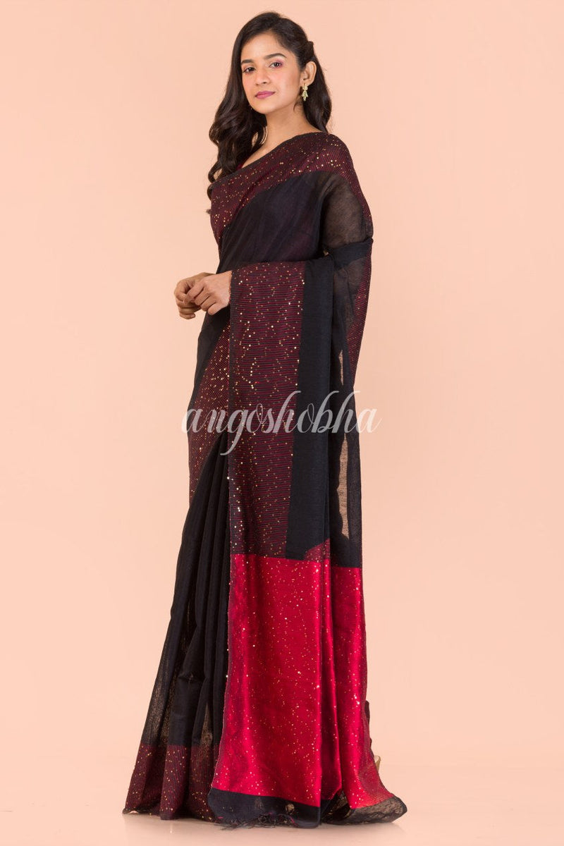 Black Sequins Handwoven Silk Saree