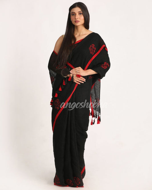 Black Traditional Handloom Linen Jamdani Saree angoshobha