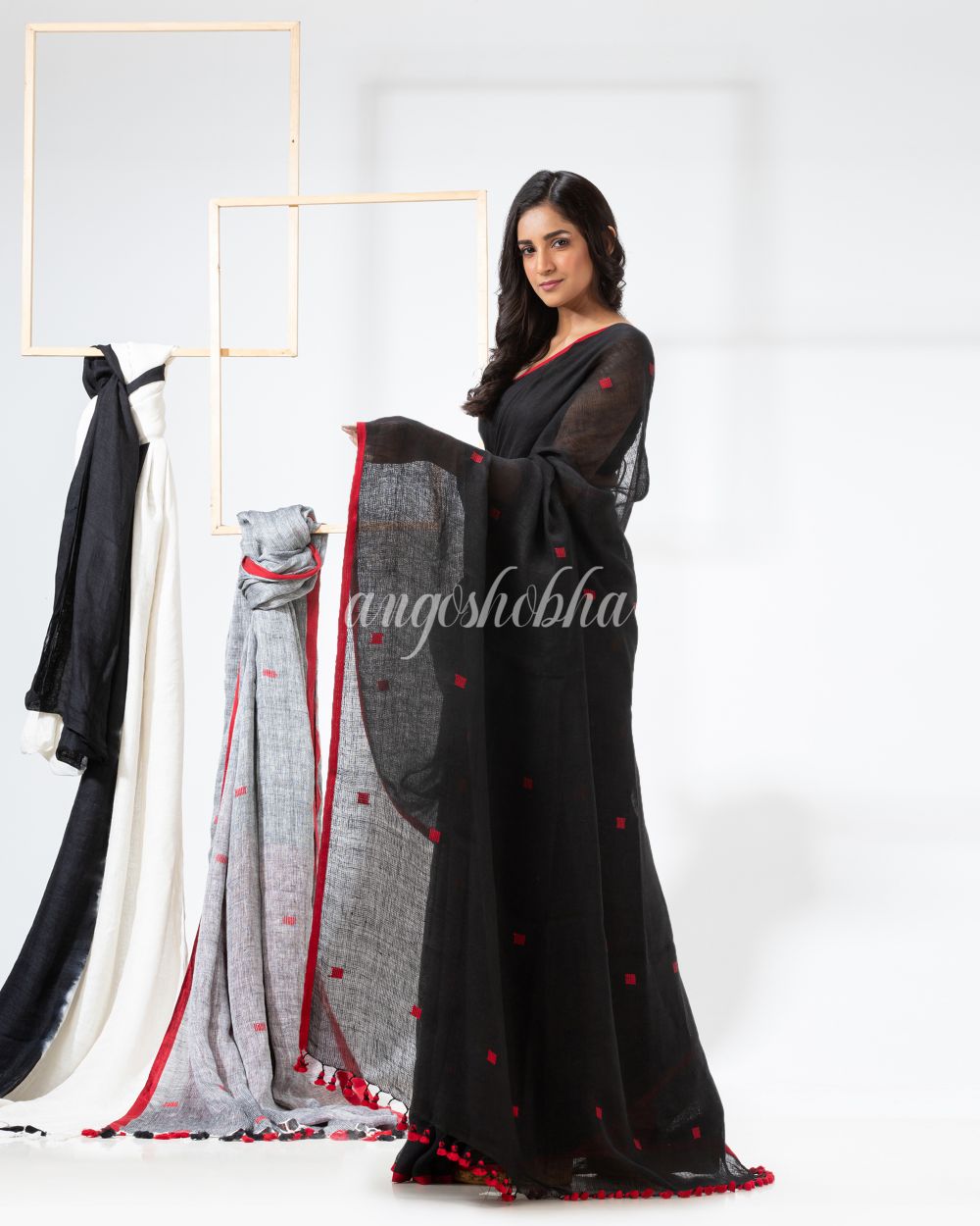 Black Traditional Handloom Linen Jamdani Saree angoshobha