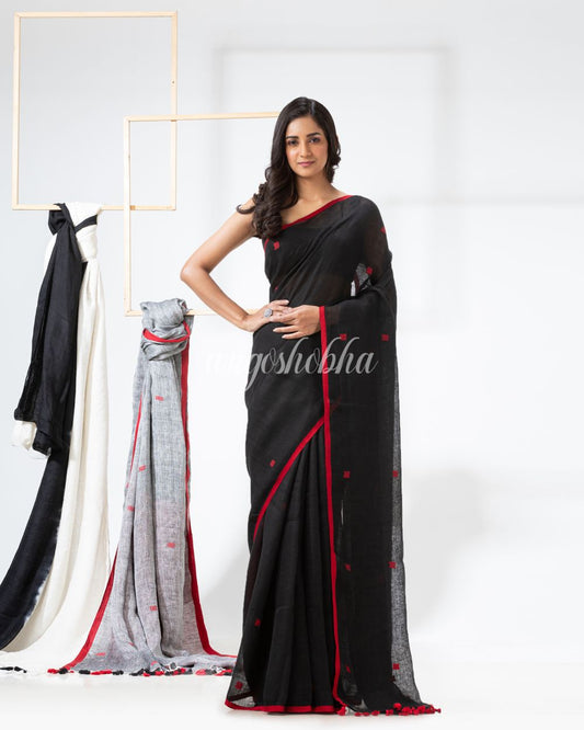 Black Traditional Handloom Linen Jamdani Saree angoshobha