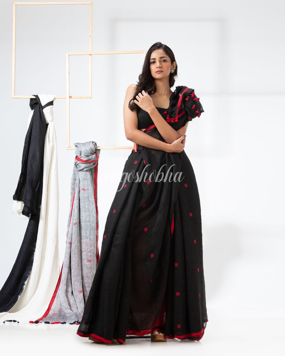 Black Traditional Handloom Linen Jamdani Saree angoshobha