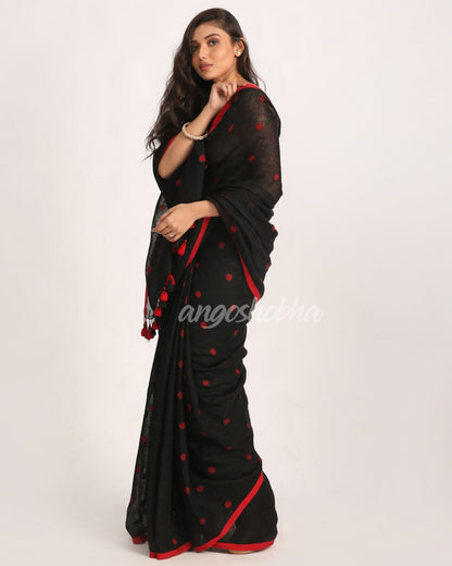 Black Traditional Handloom Linen Jamdani Saree angoshobha