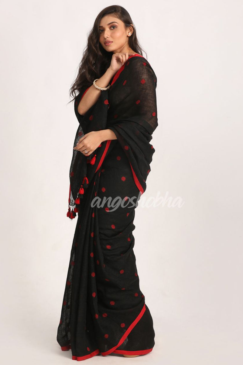 Black Traditional Handloom Linen Jamdani Saree