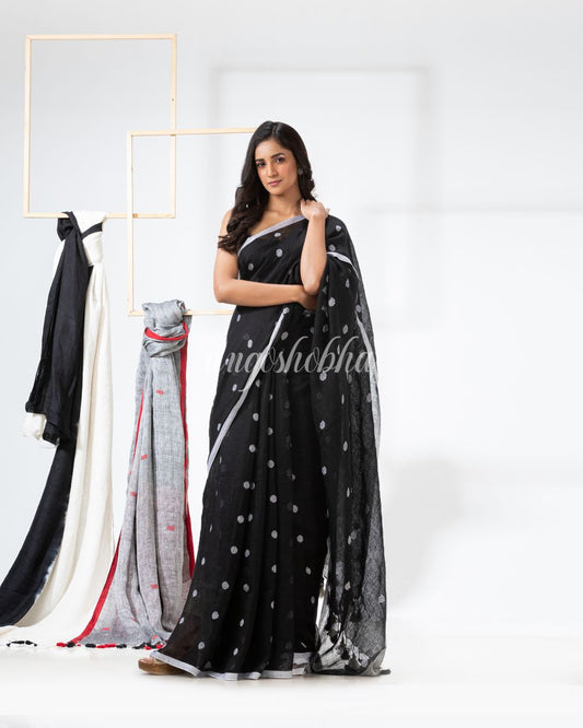 Black Traditional Handloom Linen Jamdani Saree angoshobha