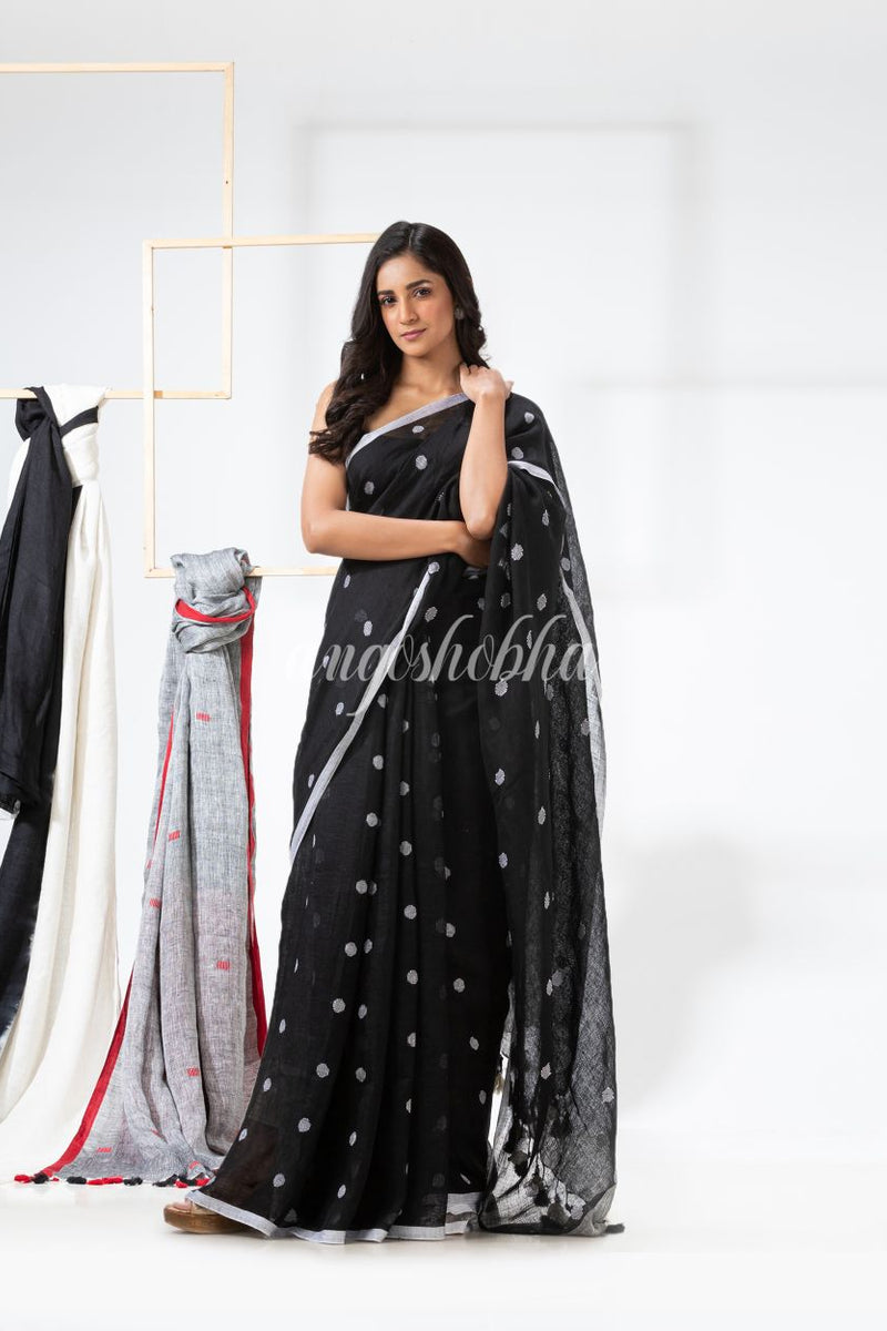 Black Traditional Handloom Linen Jamdani Saree