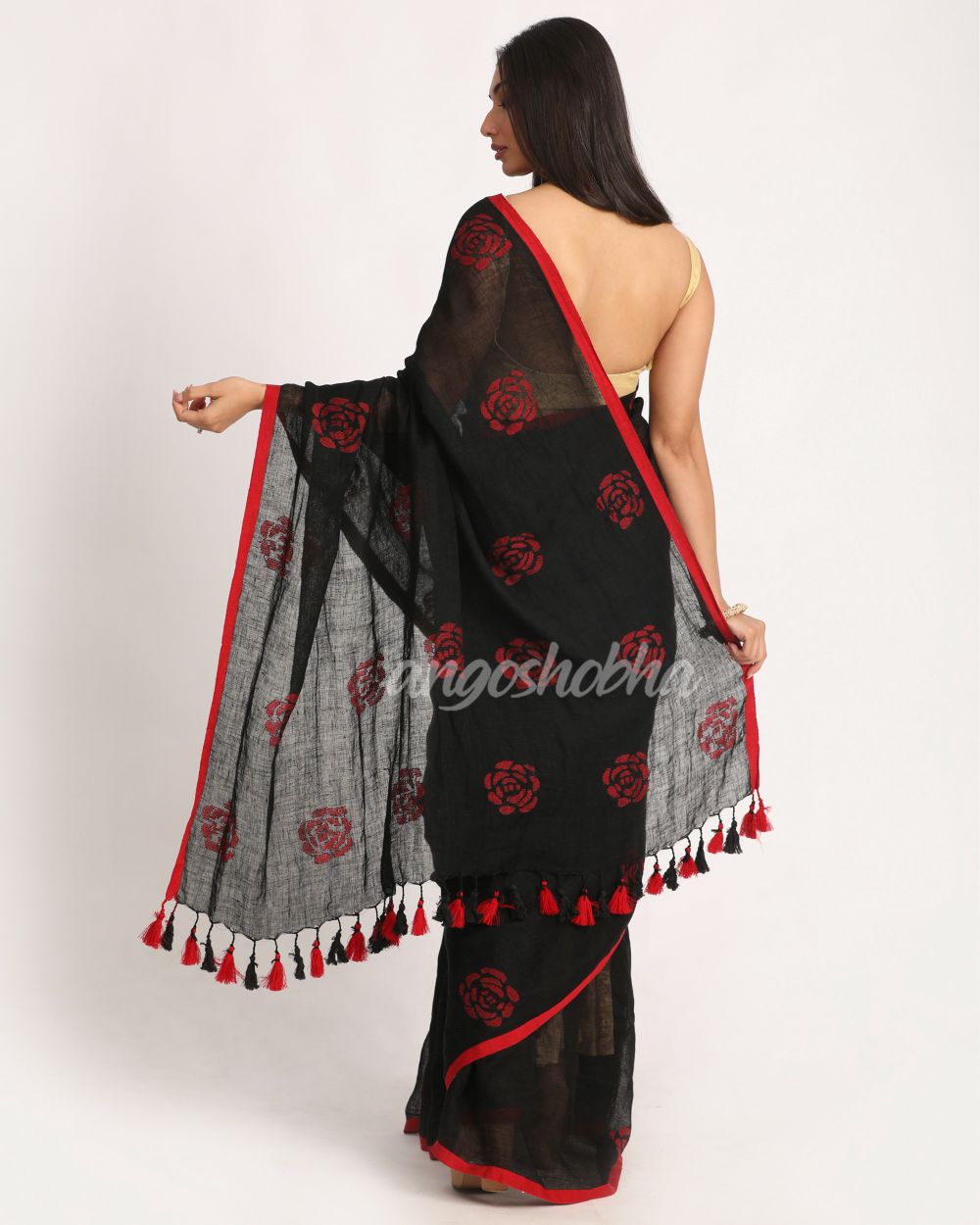 Black Traditional Handloom Linen Jamdani Saree angoshobha