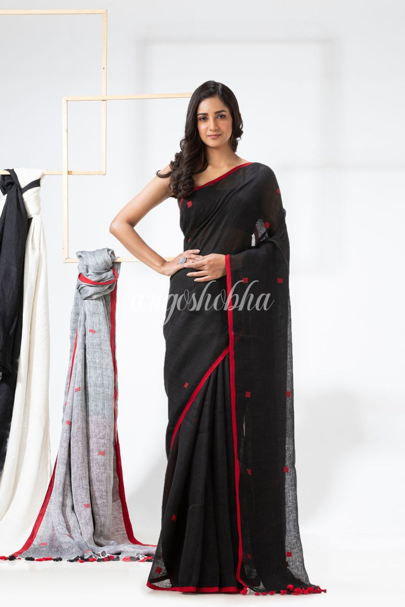 Black Traditional Handloom Linen Jamdani Saree