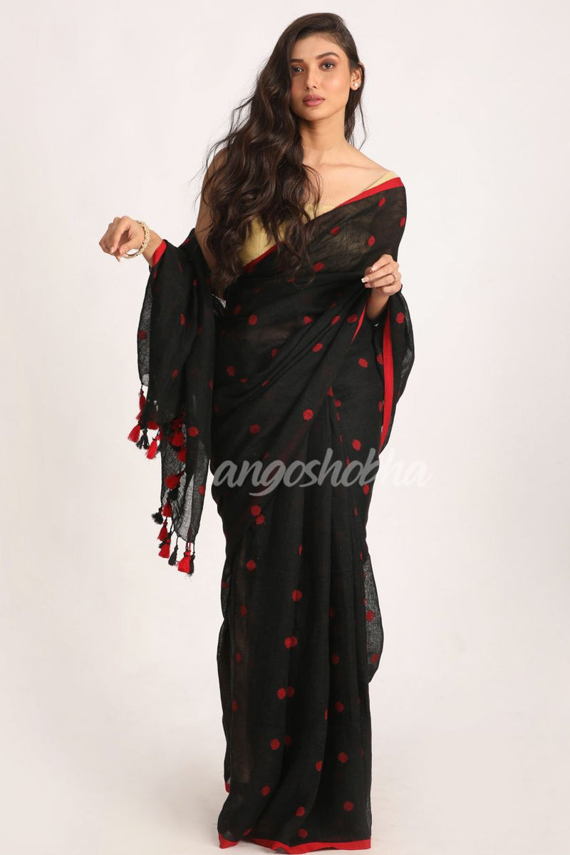 Black Traditional Handloom Linen Jamdani Saree