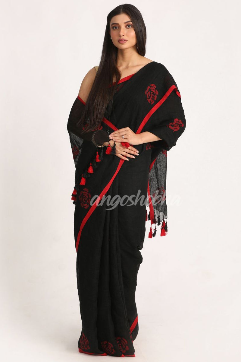 Black Traditional Handloom Linen Jamdani Saree