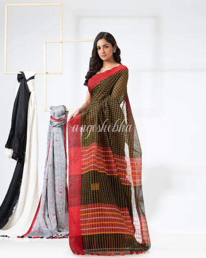 Black Yellow Cotton Blend Handloom Festive Saree angoshobha