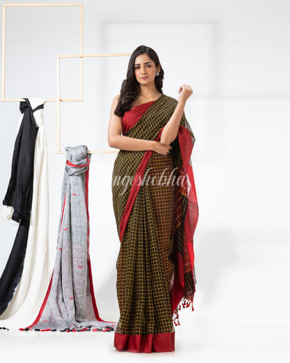 Black Yellow Cotton Blend Handloom Festive Saree angoshobha