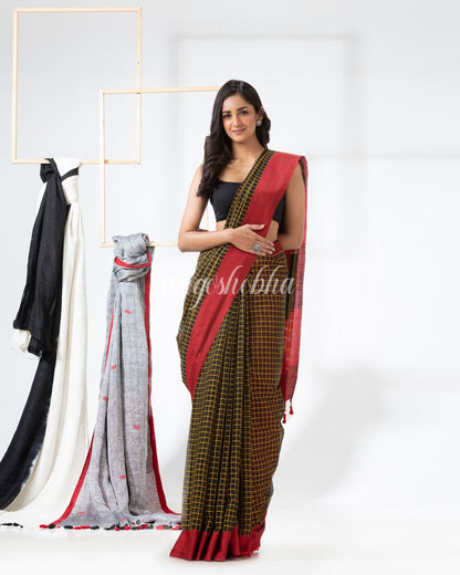 Black Yellow Cotton Blend Handloom Festive Saree angoshobha