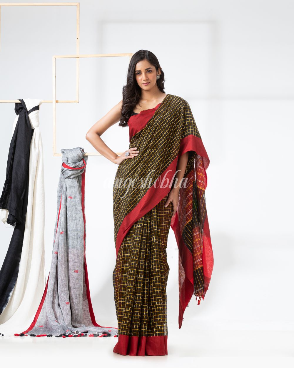 Black Yellow Cotton Blend Handloom Festive Saree angoshobha