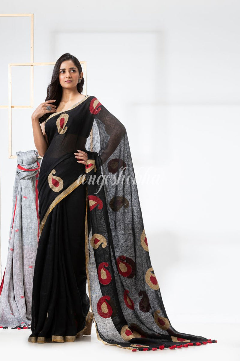 BlackTraditional Handloom Linen Jamdani Saree