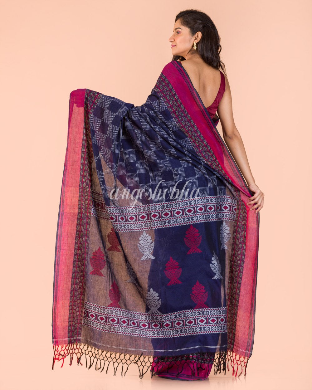 Blue Beige Handwoven Kantha Stitch Saree angoshobha