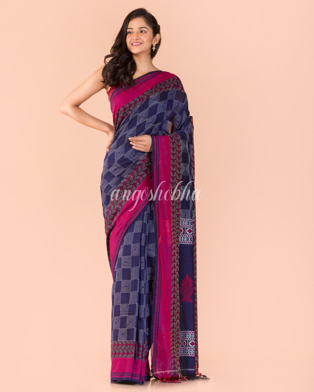 Blue Beige Handwoven Kantha Stitch Saree angoshobha