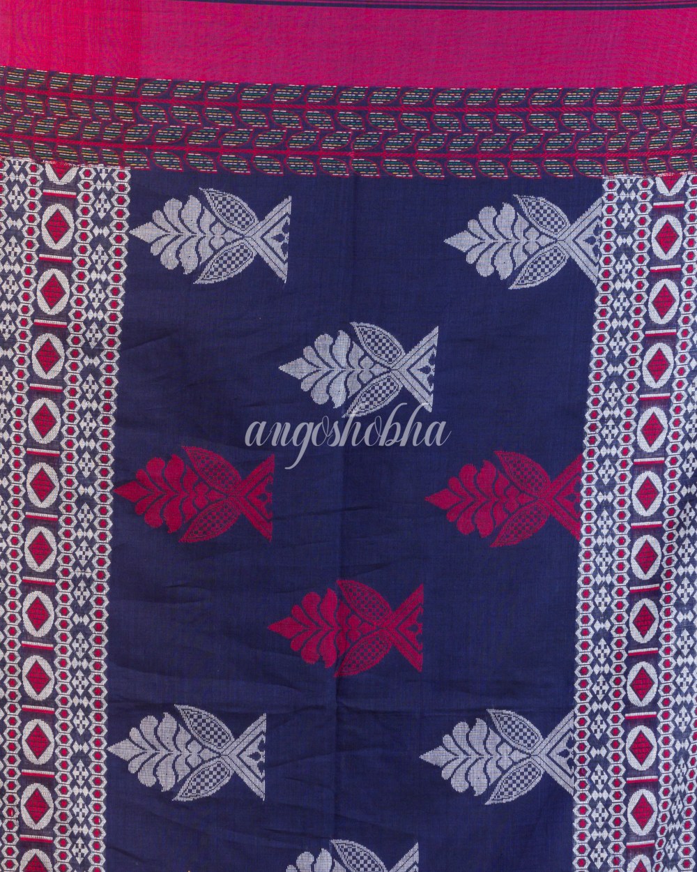 Blue Beige Handwoven Kantha Stitch Saree angoshobha