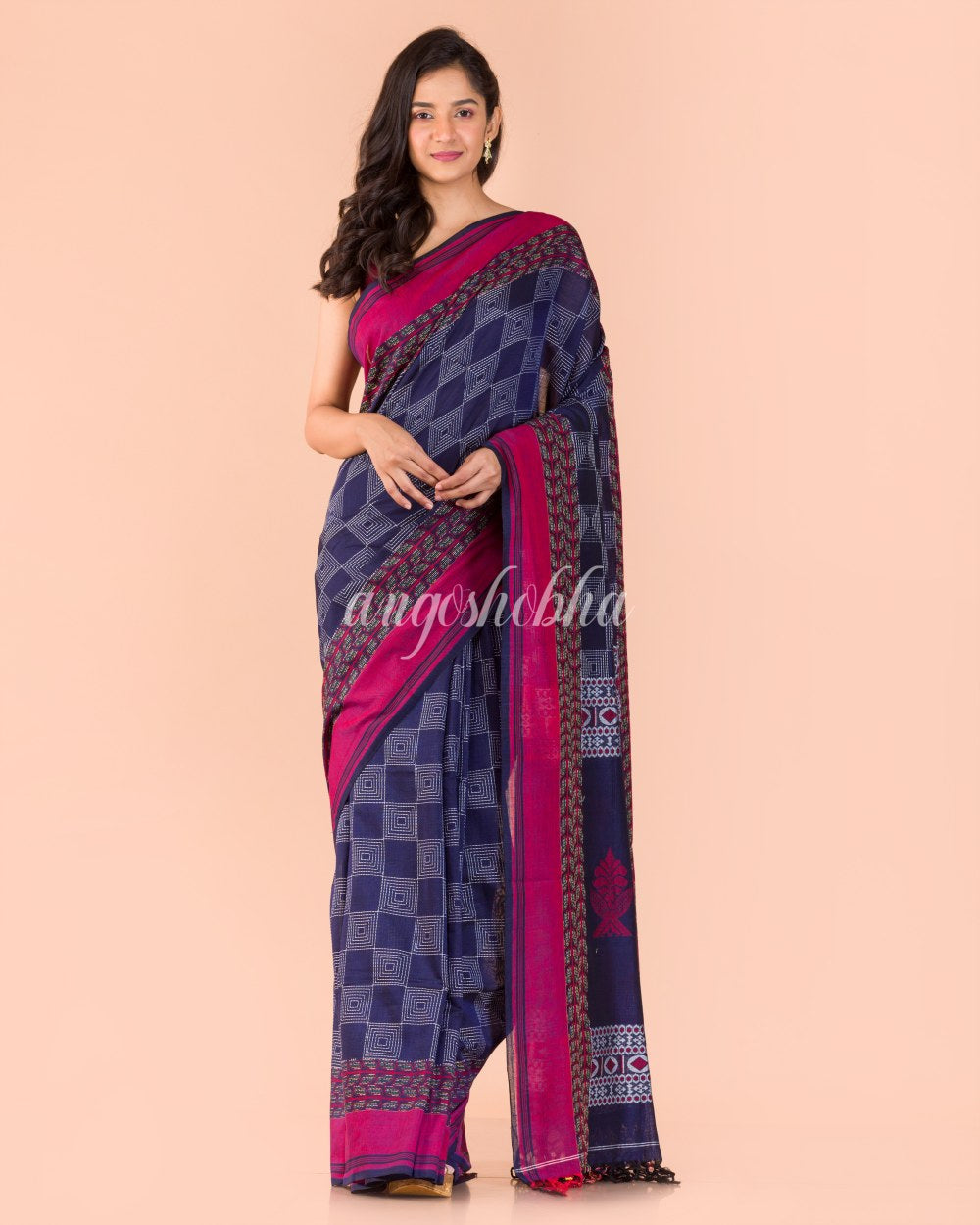 Blue Beige Handwoven Kantha Stitch Saree angoshobha