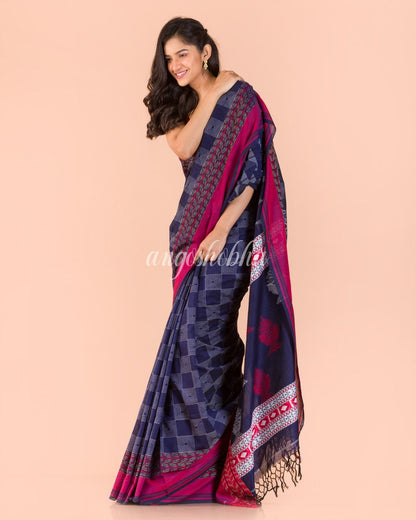 Blue Beige Handwoven Kantha Stitch Saree angoshobha