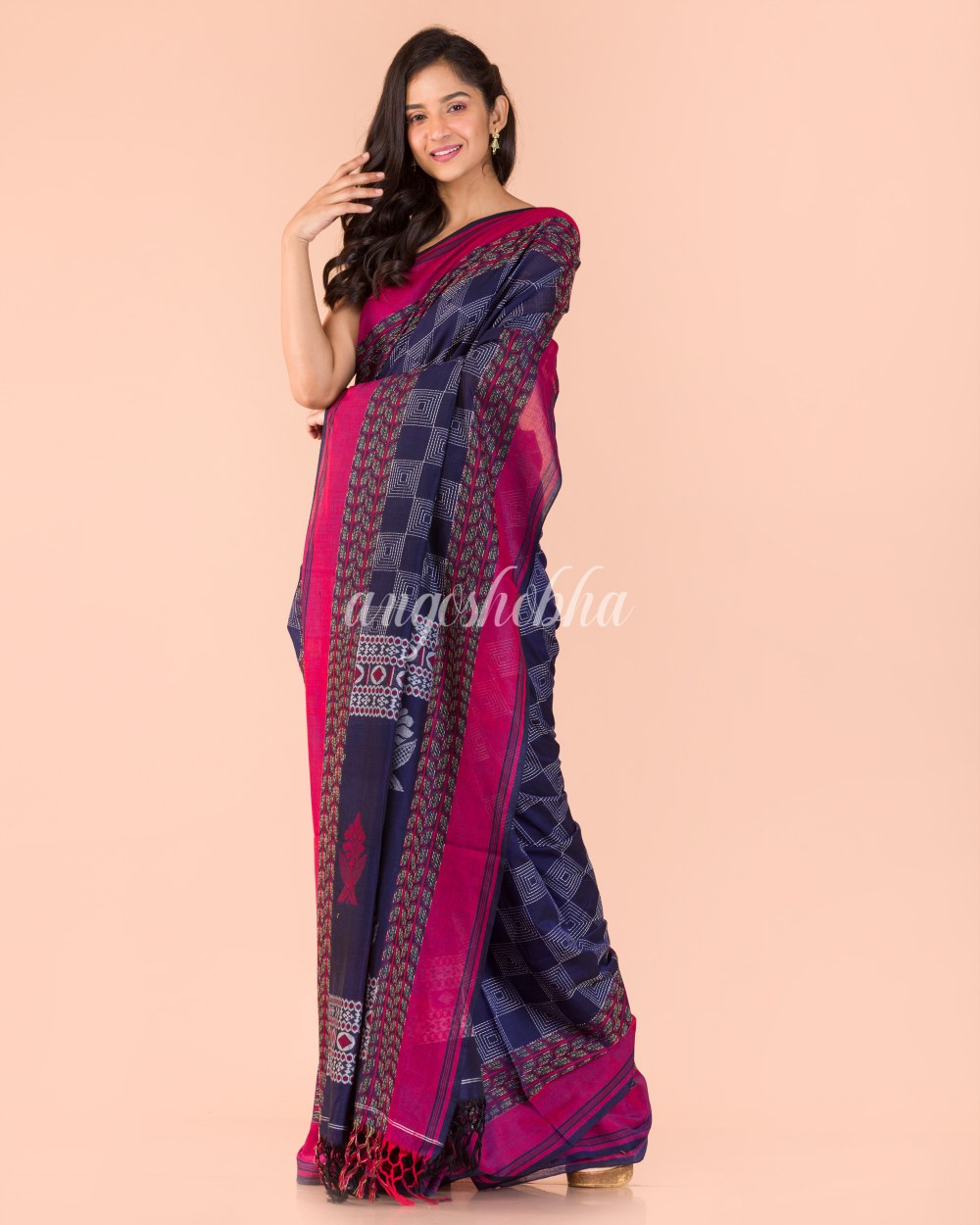 Blue Beige Handwoven Kantha Stitch Saree angoshobha