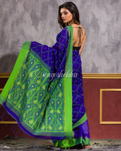 Blue Blended Cotton Dhakai Jamdani Saree angoshobha