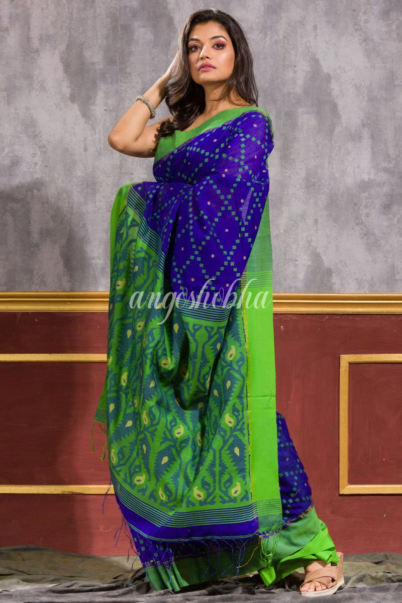 Blue Blended Cotton Dhakai Jamdani Saree