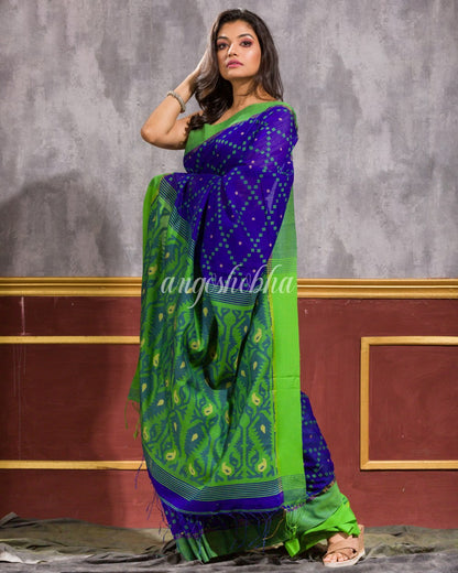 Blue Blended Cotton Dhakai Jamdani Saree angoshobha