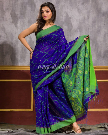 Blue Blended Cotton Dhakai Jamdani Saree angoshobha