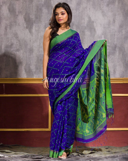 Blue Blended Cotton Dhakai Jamdani Saree angoshobha