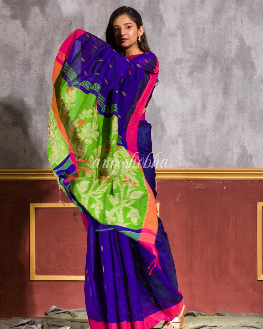 Blue Blended Cotton Jamdani Saree angoshobha